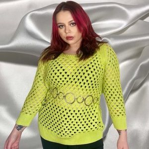 LIME GREEN FISH NET KNIT LONG SLEEVED CREW NECK